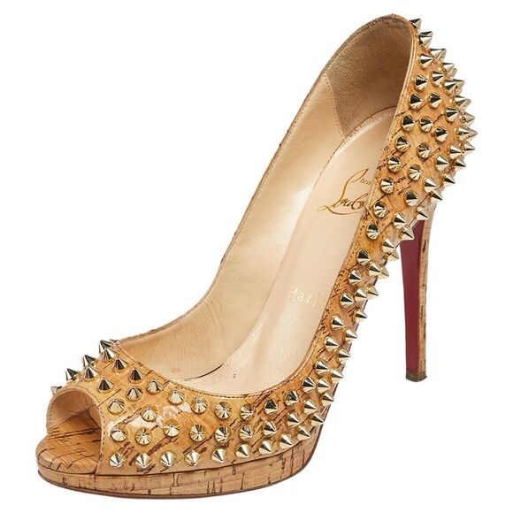 Christian Louboutin Shoes - Christian Louboutin Beige Cork Spike Peep Toe Platform Pumps Size 37.5